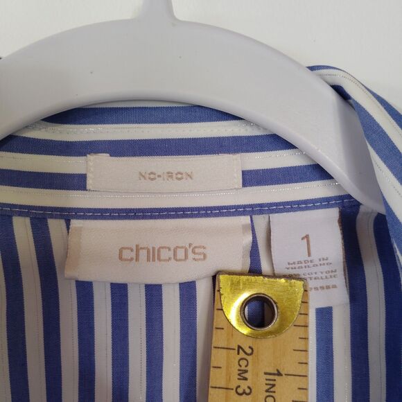 Chico's women's No Iron Blouse Shimmer Striped Long Sleeve Button Up Shirt - Picture 2 of 6